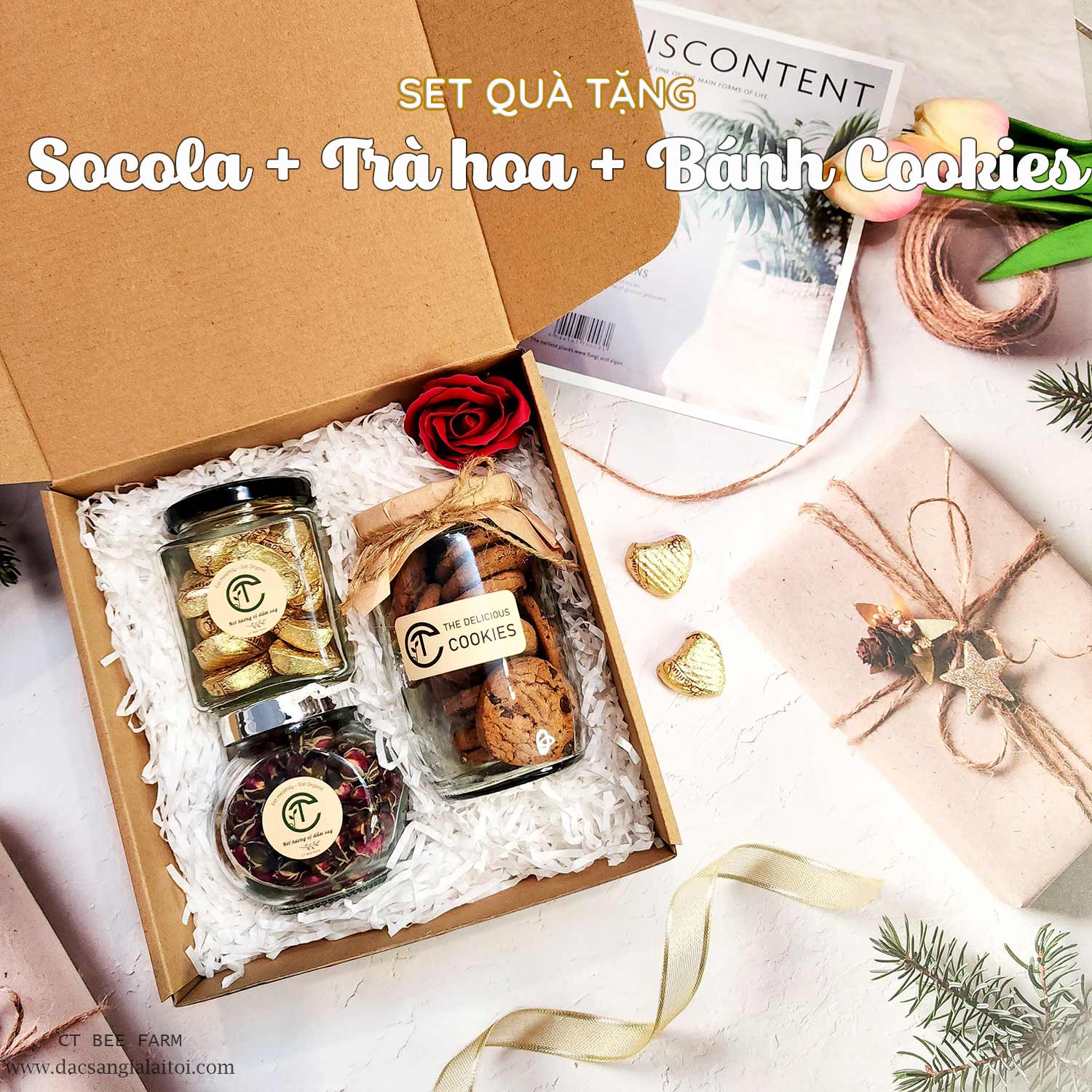 Hộp Quà Tặng Socola, Trà Hoa & Bánh Cookies/Biscotti CTG336