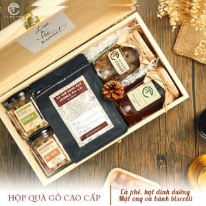 Hộp quà tặng cafe cao cấp gỗ thông CTG350 (Cà phê, mật ong, trà & bánh)