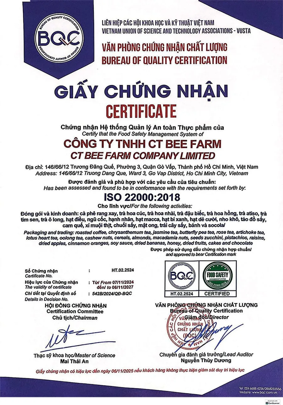 Giấy chứng nhận sản phẩm CT BEE đủ tiêu chuẩn an toàn vệ sinh thực phẩm Giấy chứng nhận sản phẩm CT BEE đủ tiêu chuẩn an toàn vệ sinh thực phẩm